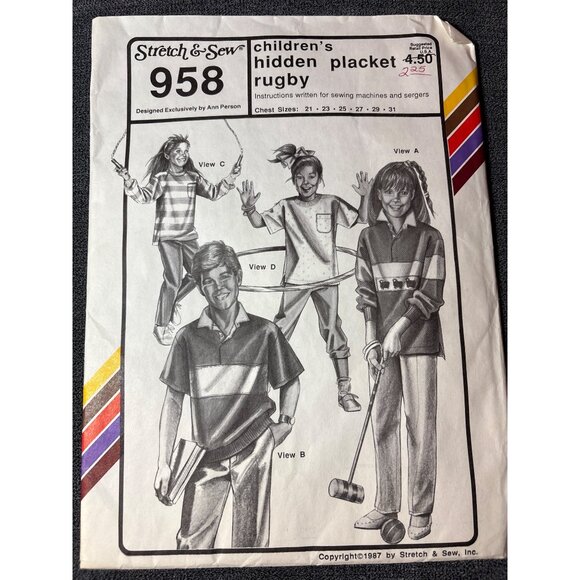 Stretch & Sew 958 Childrens Hidden Placket Rugby Sewing Pattern Chest Sizes 21-3 - Picture 1 of 5
